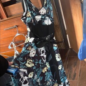 Elegant Floral Skull Print Midi Dress